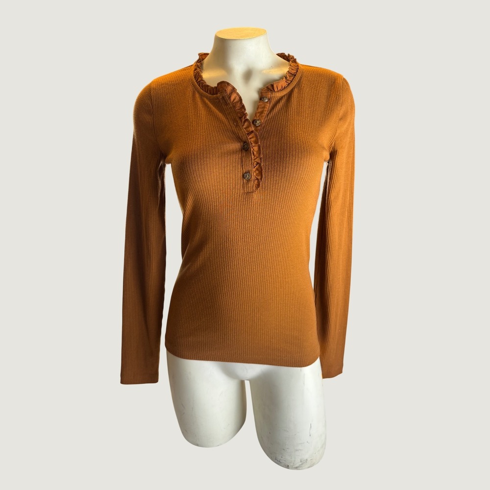 J.Crew Vintage Rib Ruffle Henley Top Rust Brown Long Sleeve XS